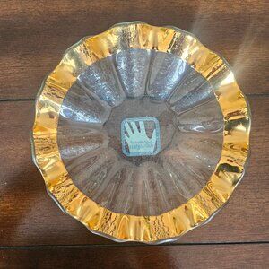 Rare Vintage 1989 Annie Glass Crackled Gold Ruffled Edge Rim Bowl